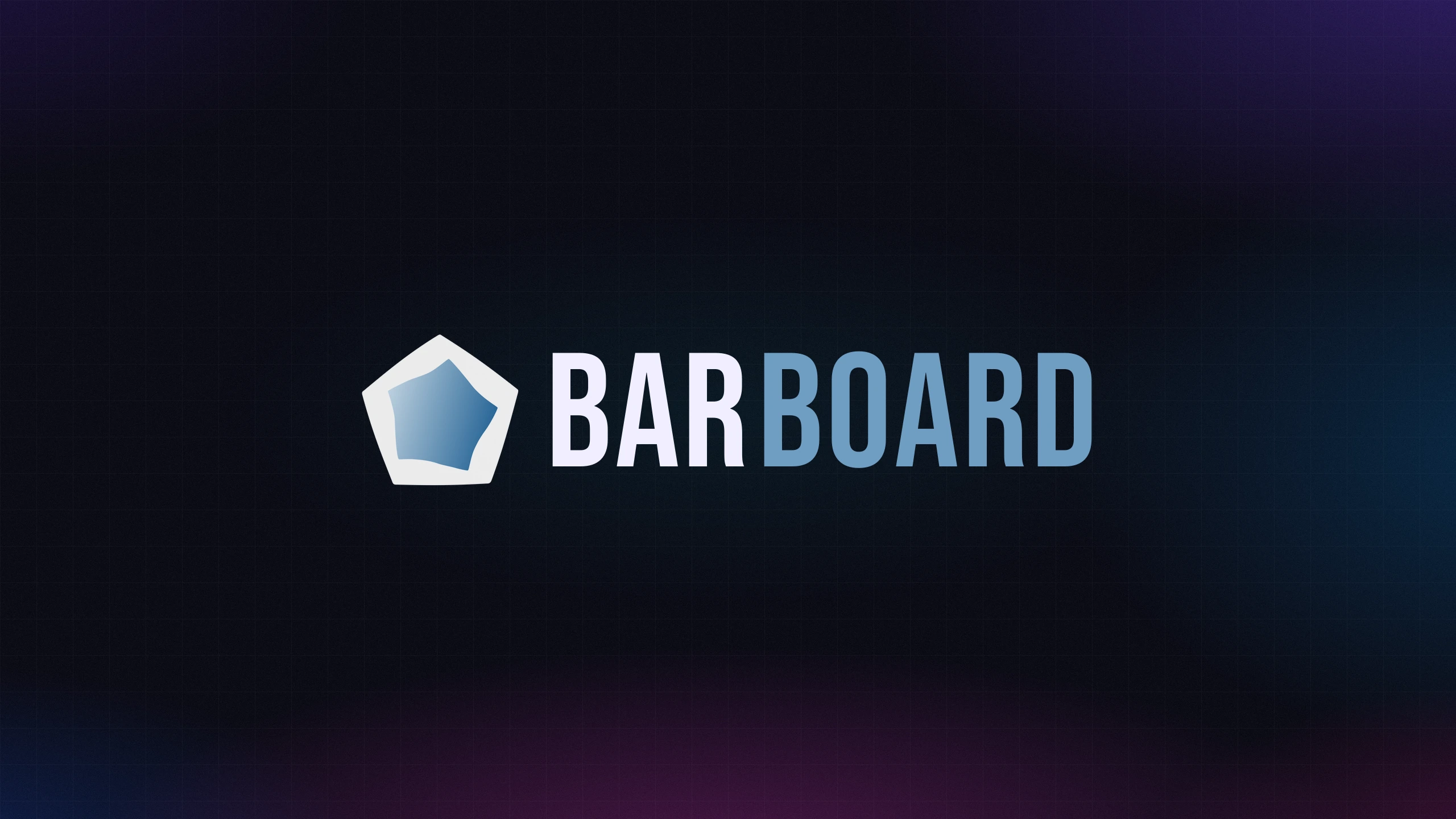 The Barboard logo, a five-sided badge beside the wordmark, on a dark grid with purple and teal light at the edges.
