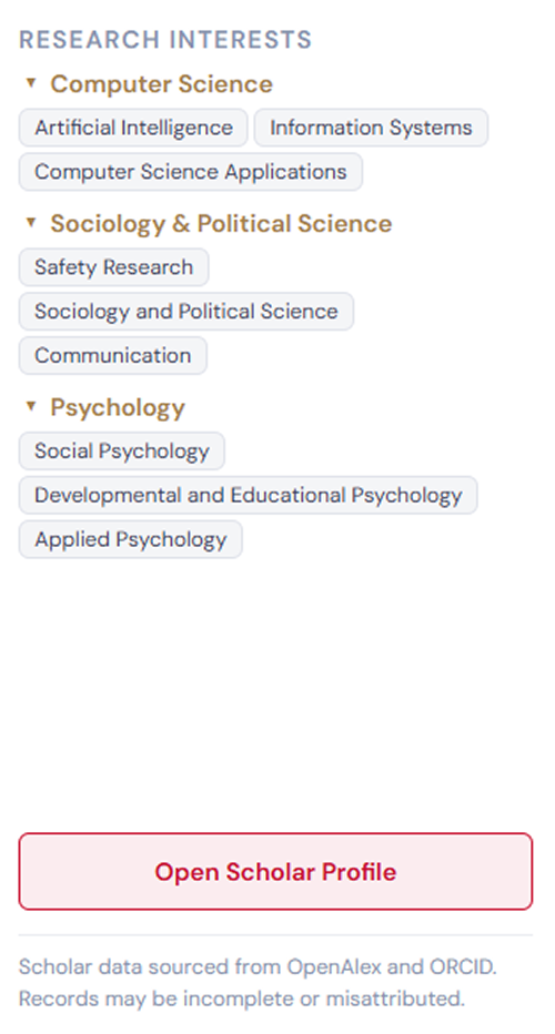 The foot of an earlier scholar panel: research interests grouped by field, with an Open Scholar Profile button beneath them.