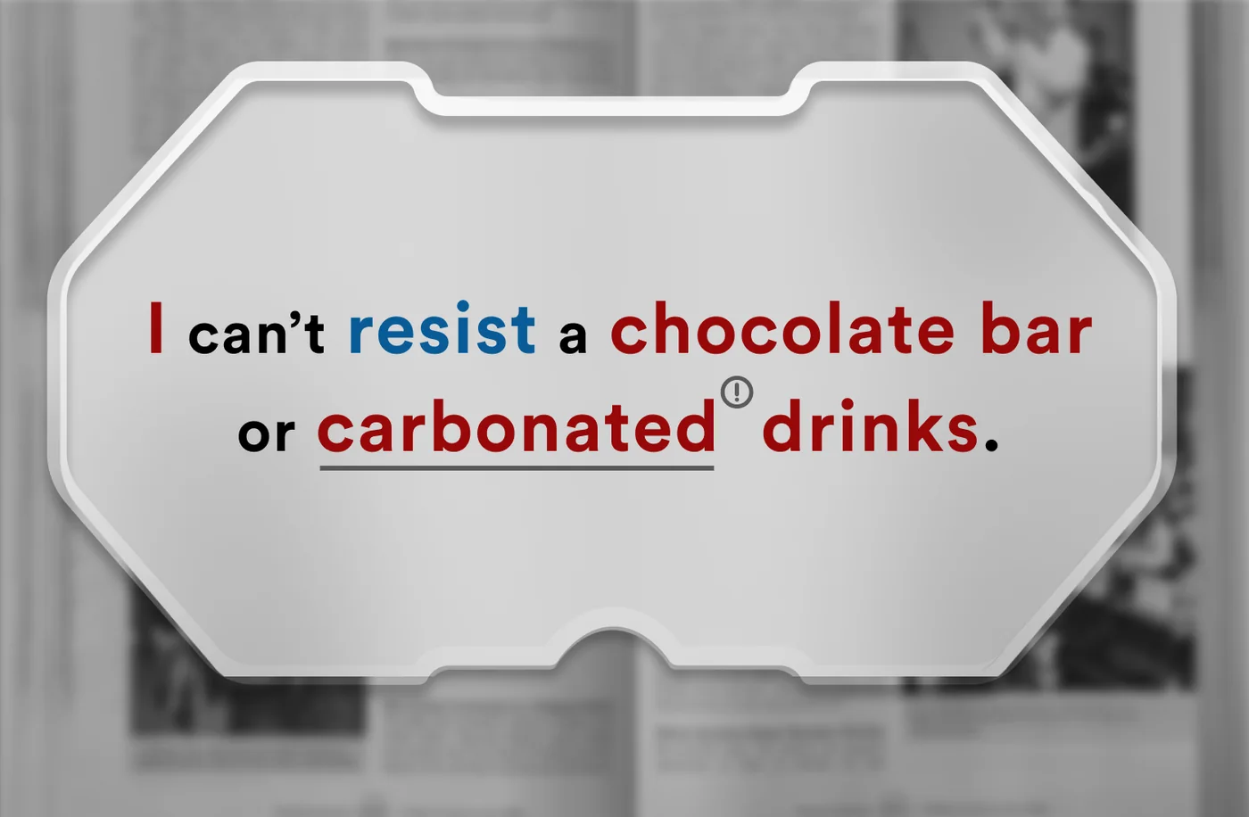 A Focus Mode mockup showing a sentence on a pale panel, with the background blurred and a word underlined beside an explanation marker.