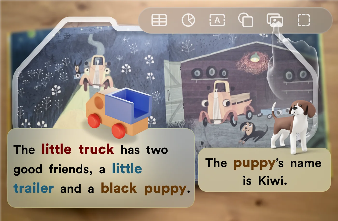 A Reading Mode mockup over a picture book spread, with two panels of widely spaced text, colored word groups, three-dimensional objects, and a toolbar.