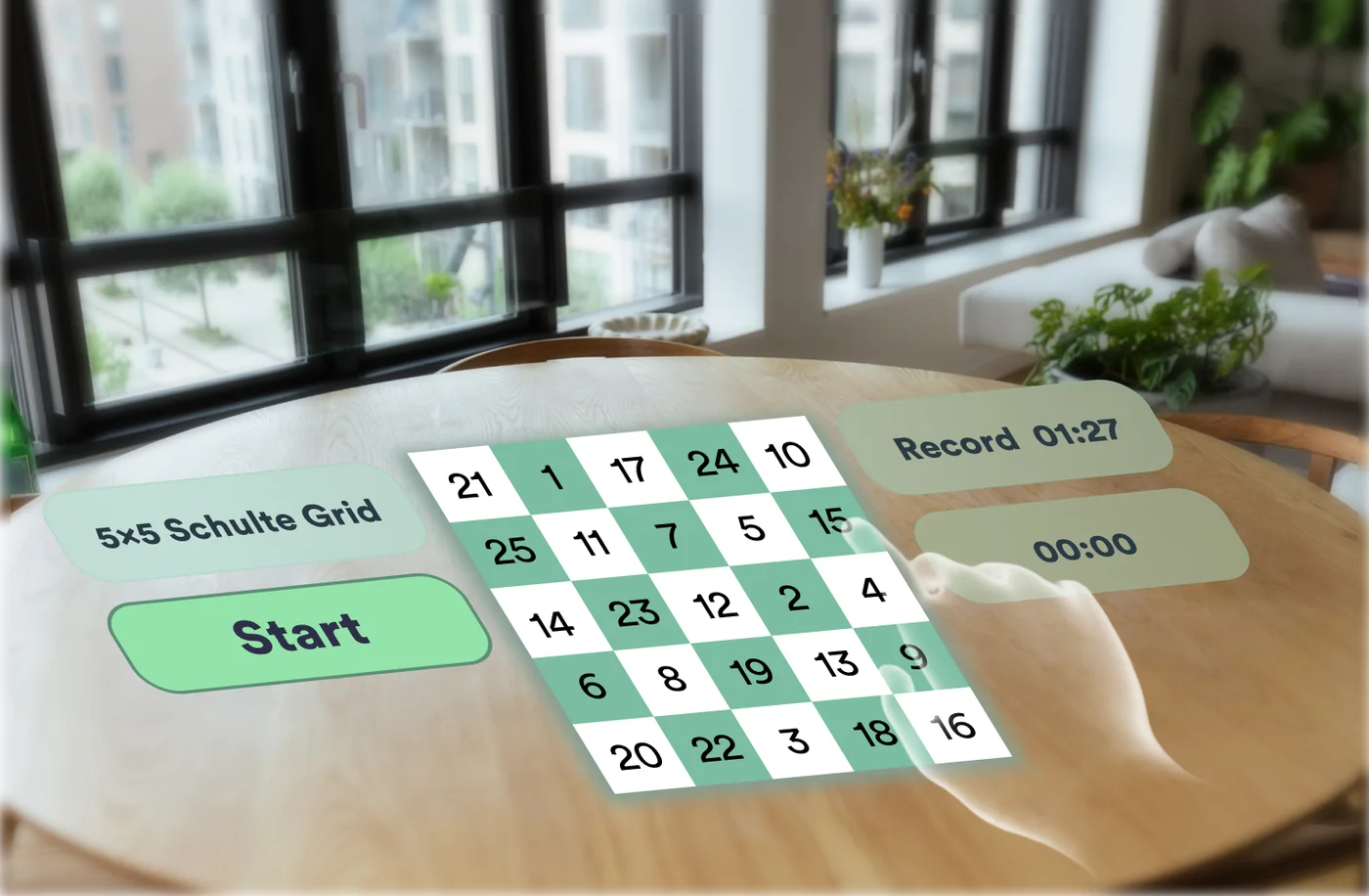 A Training Mode mockup showing a five-by-five number grid over a tabletop, with a start button and a timer.