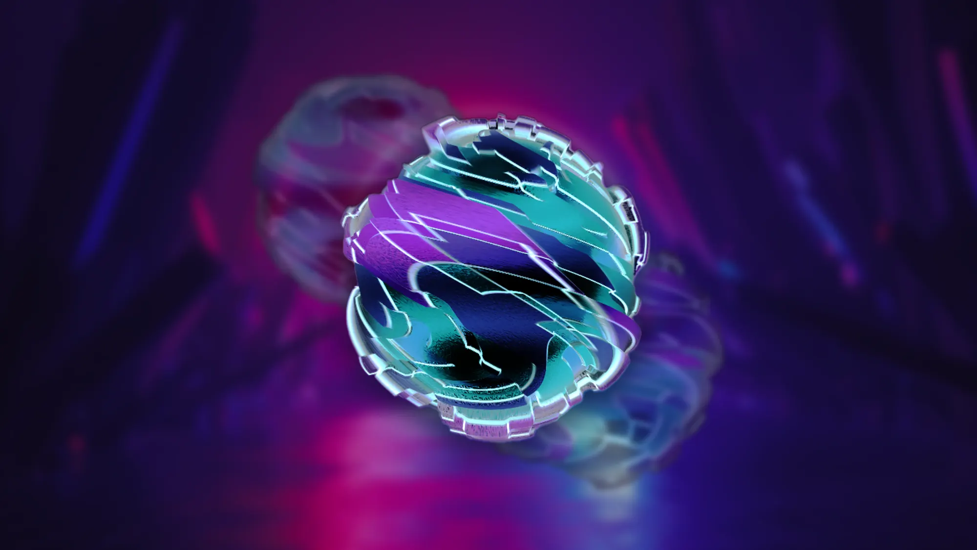A generative sphere in teal and violet, its surface warped and striped by the audio of a single song.