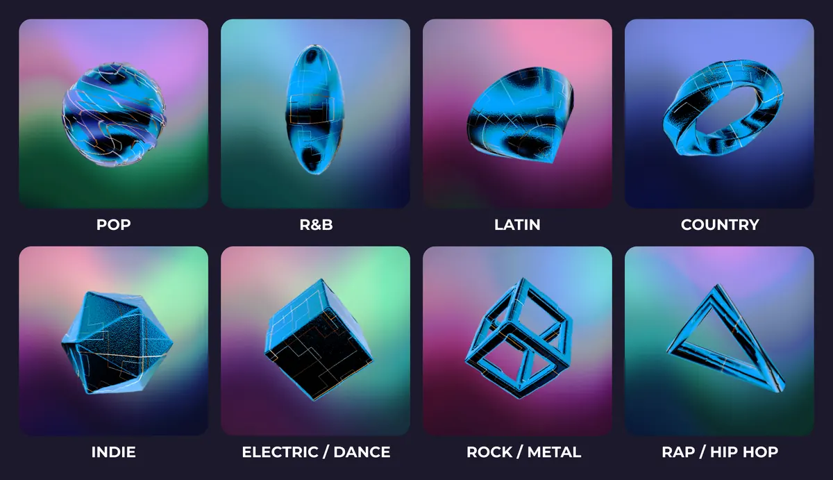 Eight generated forms in two rows of four, each labelled with a genre. Pop, R&B, Latin and country on the top row are rounded and banded; indie, electric and dance, rock and metal, and rap and hip hop below are faceted blocks and open wireframe cages.