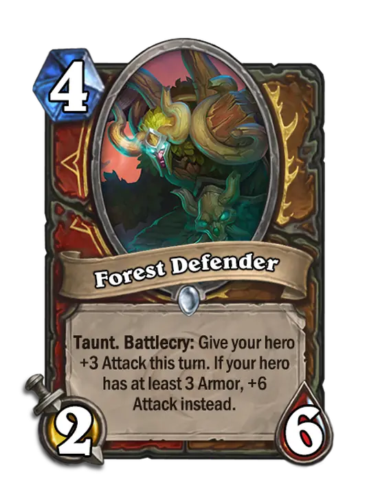 Forest Defender, a 4-cost Druid and Warrior minion.