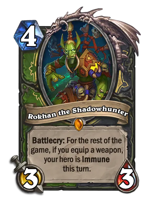 Rokhan the Shadowhunter, a 4-cost Hunter and Rogue minion.