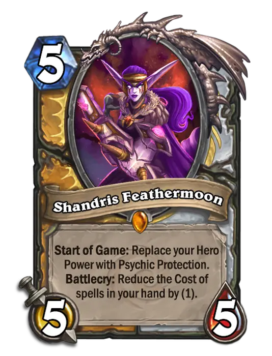 Shandris Feathermoon, a 5-cost Paladin and Priest minion.