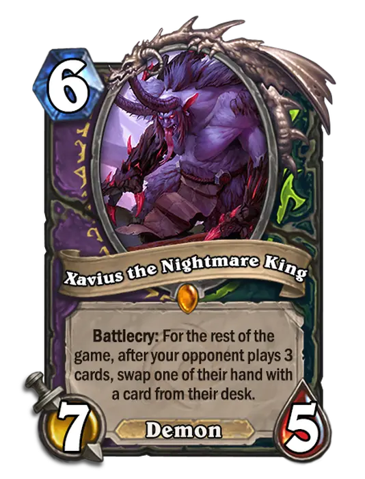 Xavius the Nightmare King, a 6-cost Warlock and Demon Hunter minion.