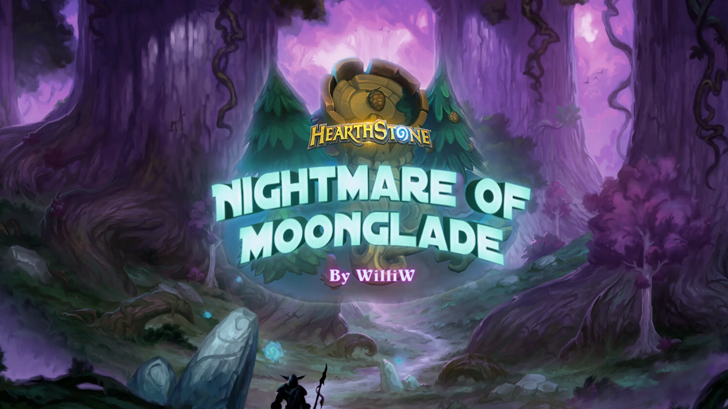 Nightmare of Moonglade title artwork over a purple forest, with the Hearthstone logo and a lone figure on the path.
