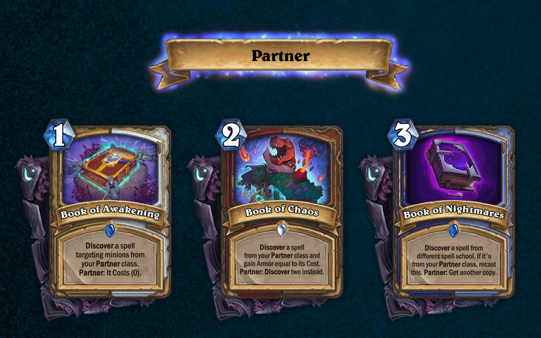 The three Books of Experience, showing their standard effects and additional Partner effects.