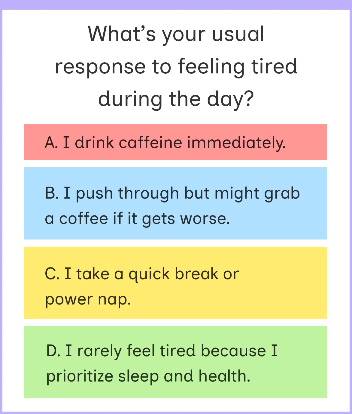 Version 1 of the question card, front only: the question about a usual response to feeling tired, with four answers A to D in red, blue, yellow and green rows.
