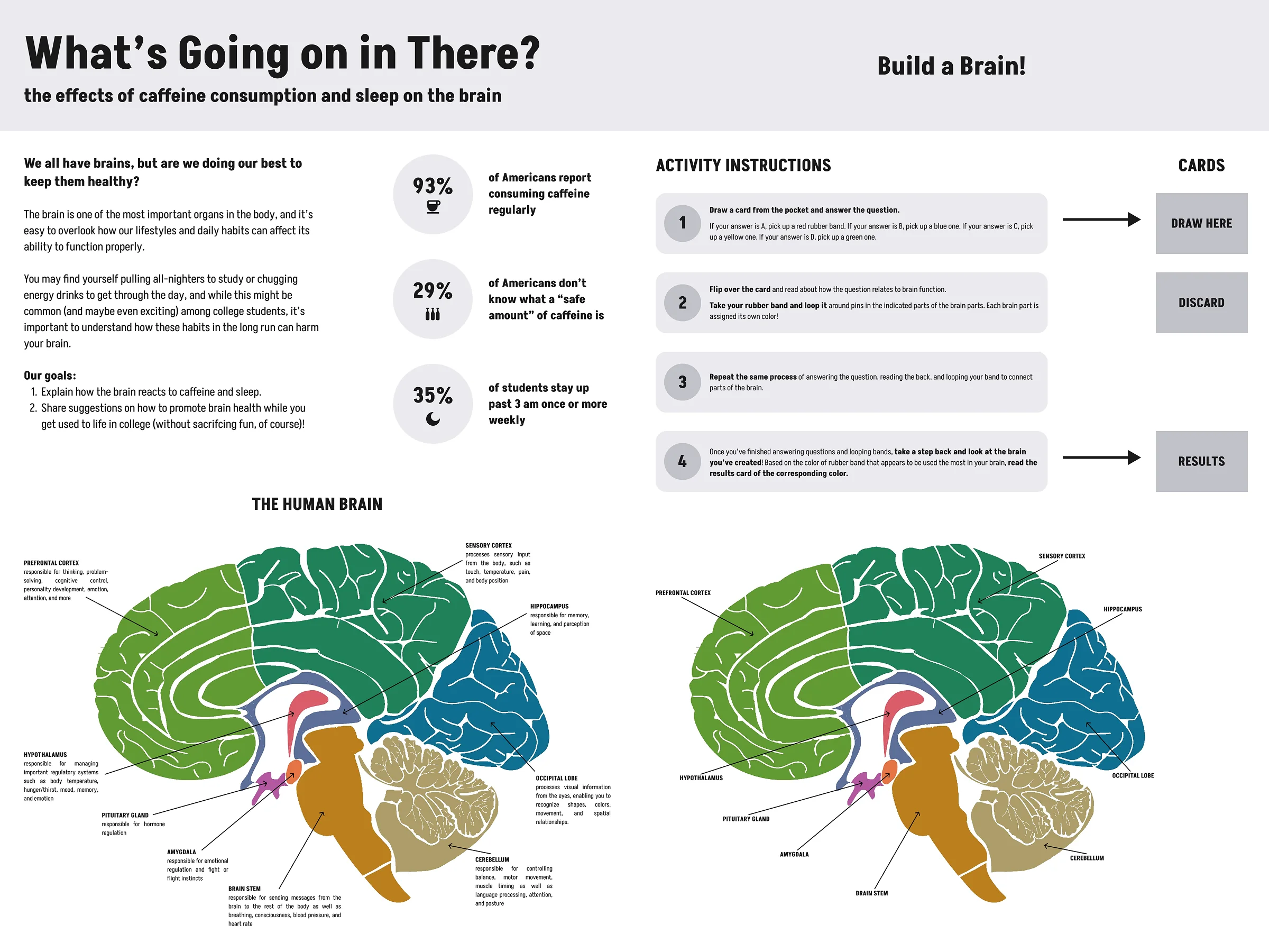Version 1 of the exhibition panel: a title block, three statistics about caffeine and sleep, a four-step column of activity instructions beside card pockets marked DRAW HERE, DISCARD and RESULTS, and two copies of the labelled colour brain diagram along the bottom.
