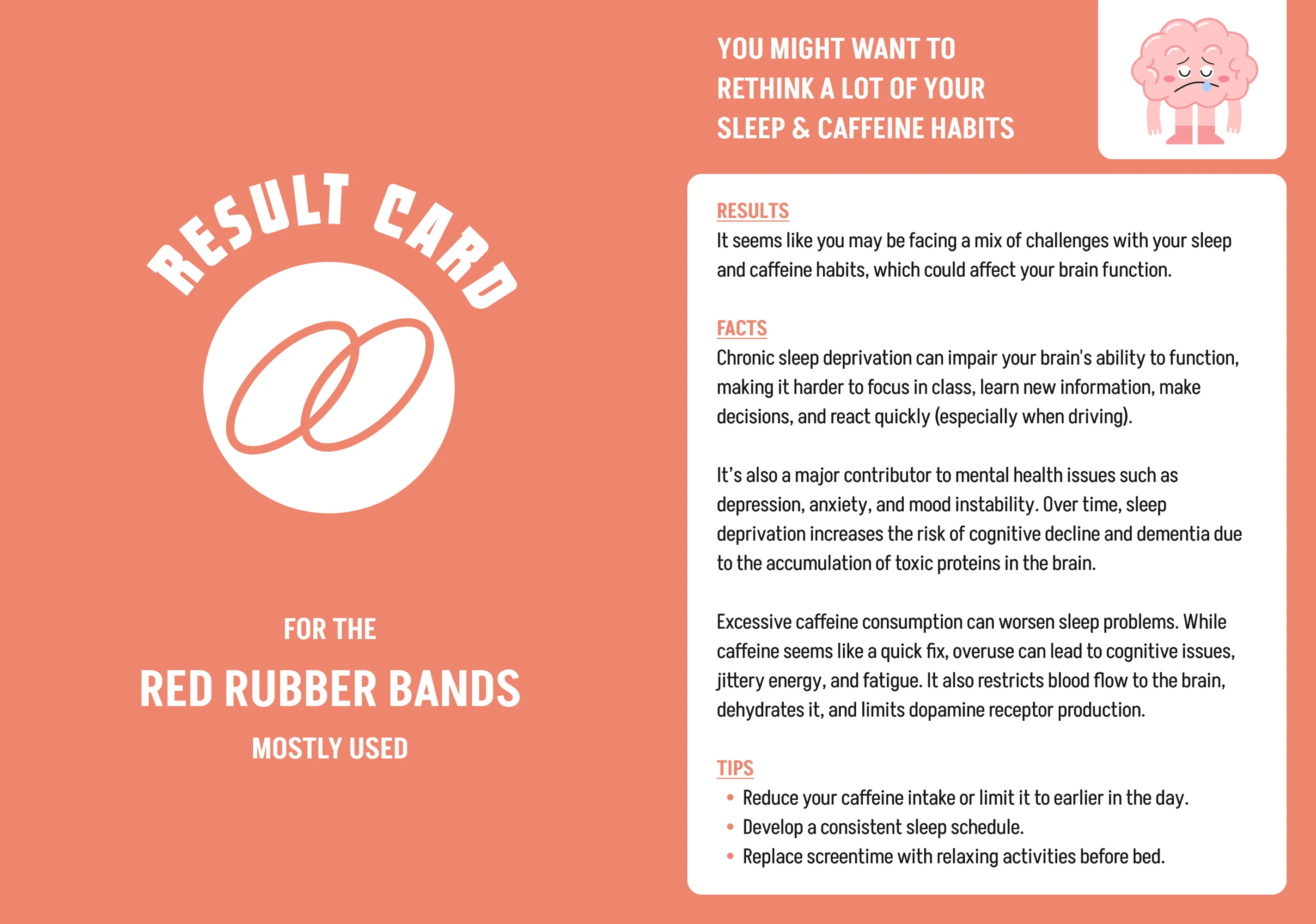 The result card, front and back. The front is a circular RESULT CARD badge with two rubber bands drawn inside and a line naming the red bands as the ones mostly used; the back is split into RESULTS, FACTS and TIPS.