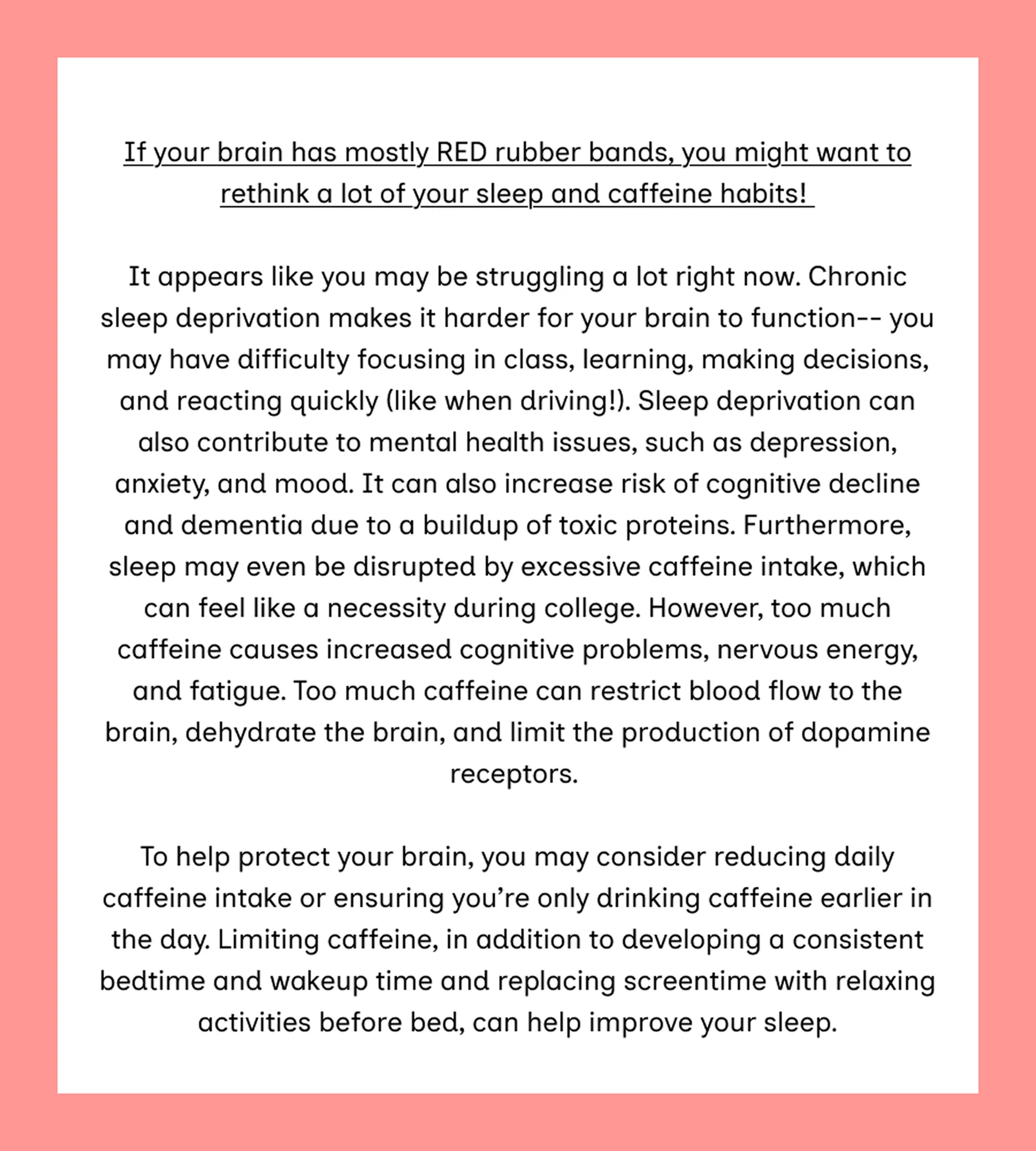 Version 1 of the red result card: an underlined opening line about mostly red rubber bands, then two solid paragraphs of explanation and advice.