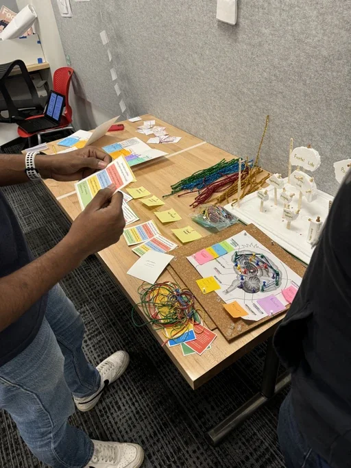 A tester standing at the table reading a question card, with the rest of the deck spread out, yellow answer notes, a tangle of coloured rubber bands, the cork-board brain prototype and the standing foam prototype all within reach.