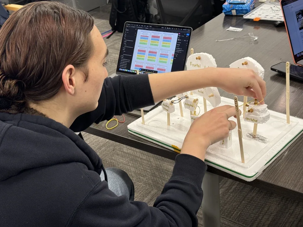 A tester reaching into the standing foam prototype to hook a rubber band between two labelled regions, with the card layout open on a laptop behind.