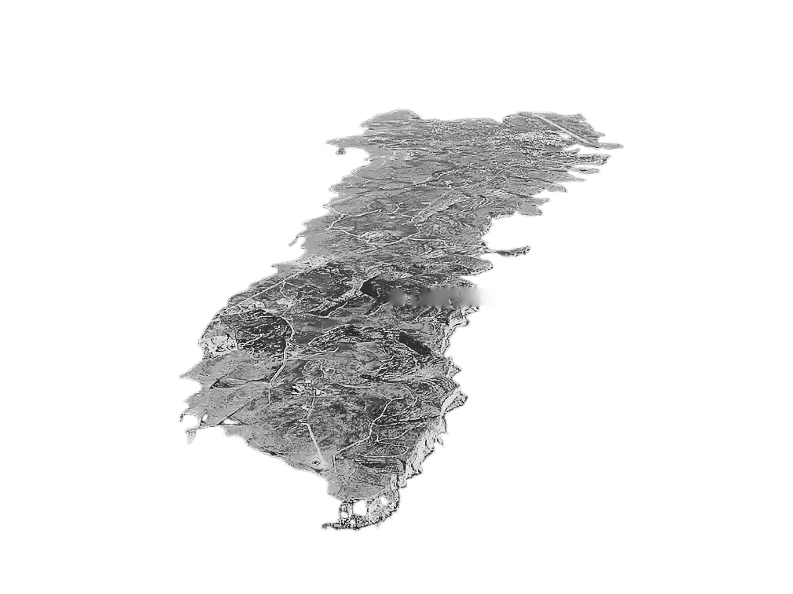 Lampedusa seen from above as a shaded relief, the town marked in red.